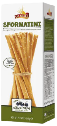 Bastoncitos de pan Sfornatini italiano con aceituna negra 120gr. La Mole